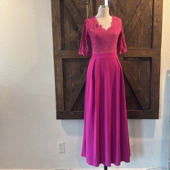 REPHYLLIS V Neck Lace Vintage Formal Bridesmaid Wedding Long Dress - Picture 2 of 10